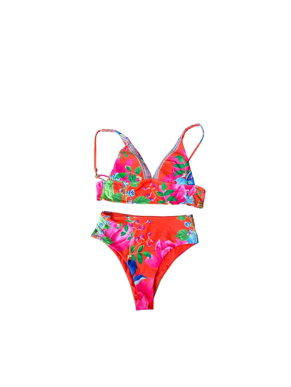 Floral High-Waist Bikini Set in Bright Coral and Pink